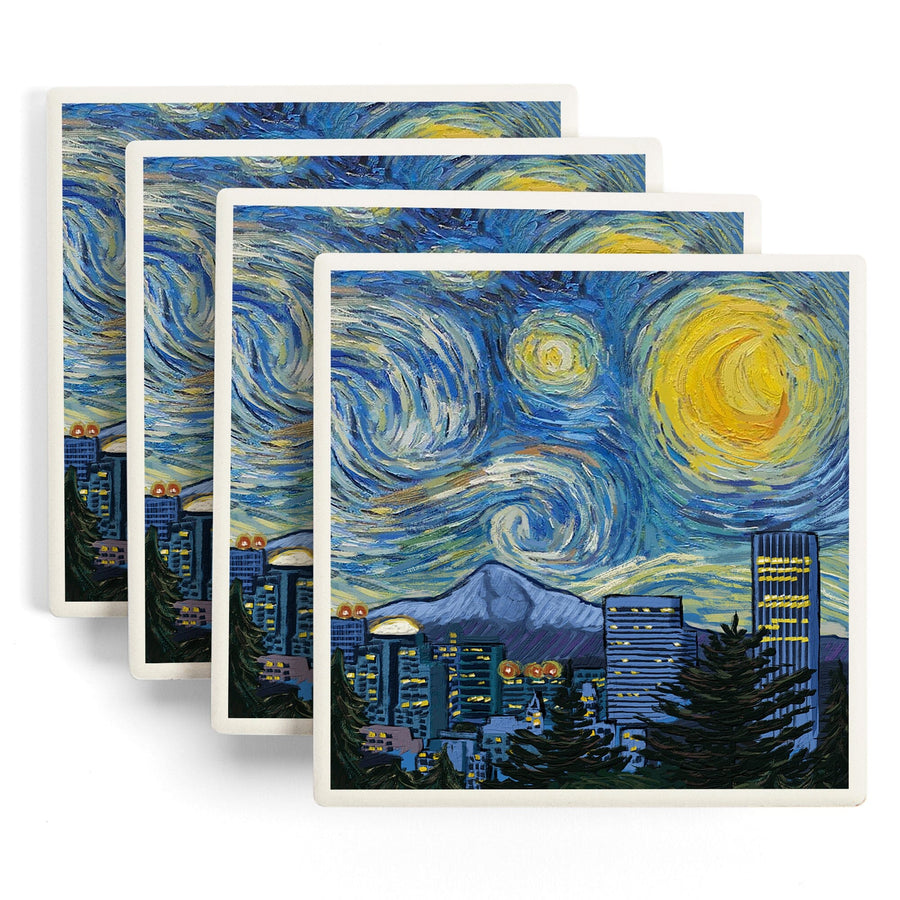 Portland, Oregon, Starry Night City Series, Lantern Press Artwork, Coaster Set Coasters Lantern Press 