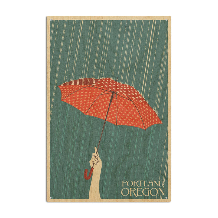 Portland, Oregon, Umbrella, Letterpress, Lantern Press Artwork, Wood Signs and Postcards Wood Lantern Press 10 x 15 Wood Sign 