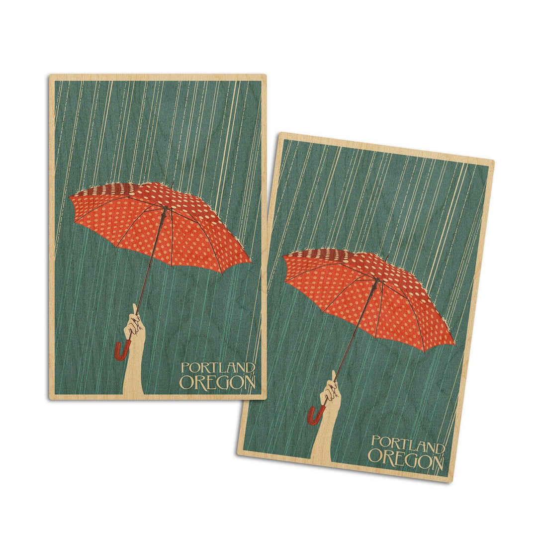 Portland, Oregon, Umbrella, Letterpress, Lantern Press Artwork, Wood Signs and Postcards Wood Lantern Press 4x6 Wood Postcard Set 