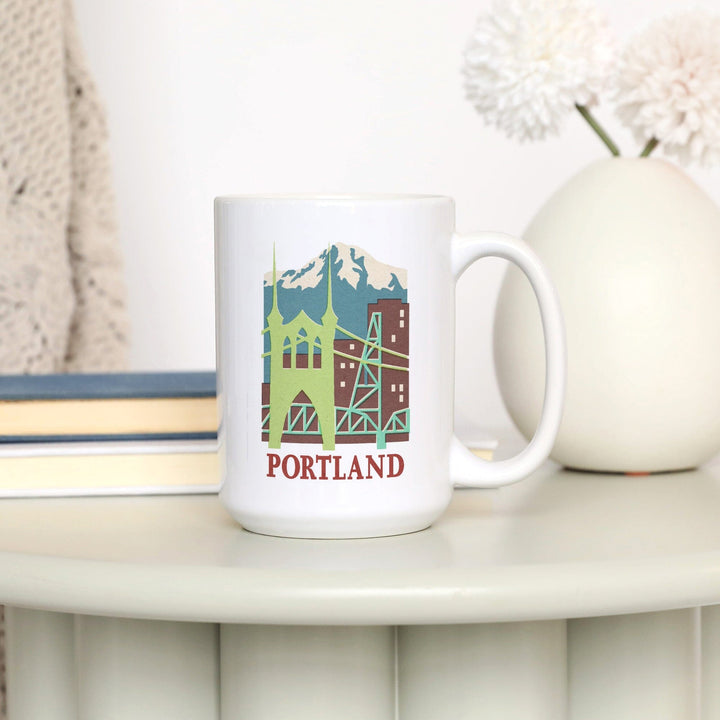 Portland, Oregon, Woodblock, Contour, Lantern Press Artwork, Ceramic Mug Mugs Lantern Press 