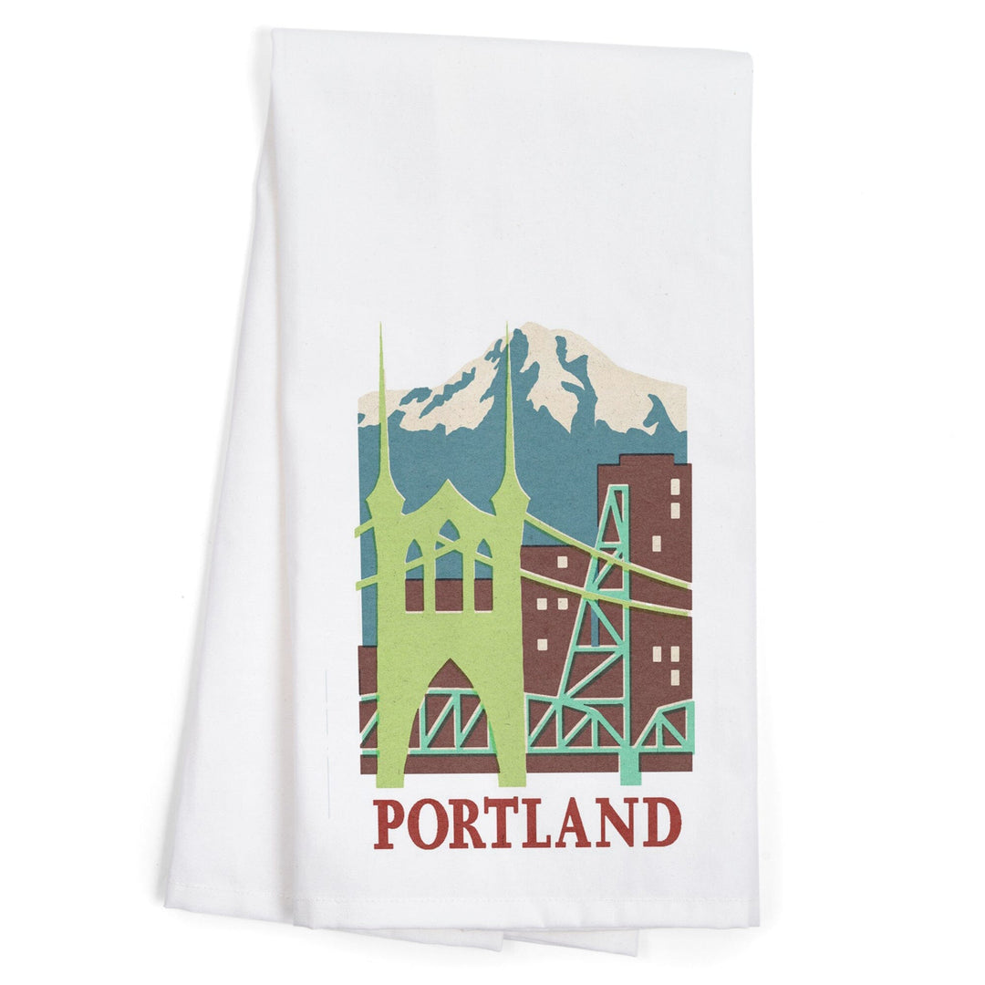 Portland, Oregon, Woodblock, Contour, Organic Cotton Kitchen Tea Towels Kitchen Lantern Press 
