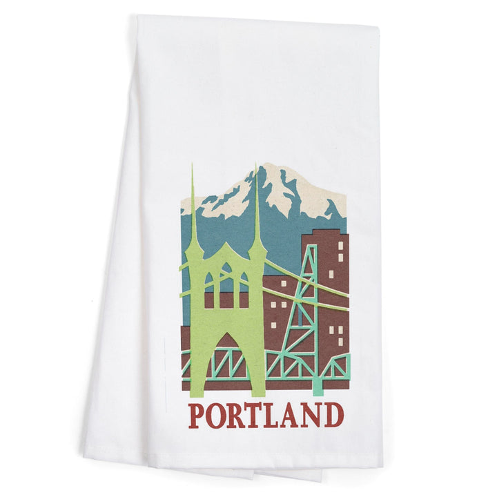 Portland, Oregon, Woodblock, Contour, Organic Cotton Kitchen Tea Towels Kitchen Lantern Press 