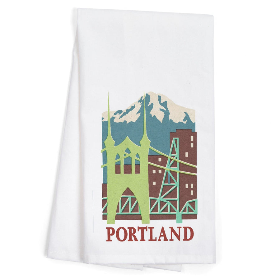 Portland, Oregon, Woodblock, Contour, Organic Cotton Kitchen Tea Towels Kitchen Lantern Press 