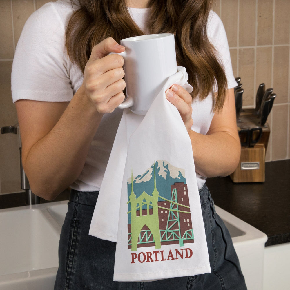 Portland, Oregon, Woodblock, Contour, Organic Cotton Kitchen Tea Towels Kitchen Lantern Press 