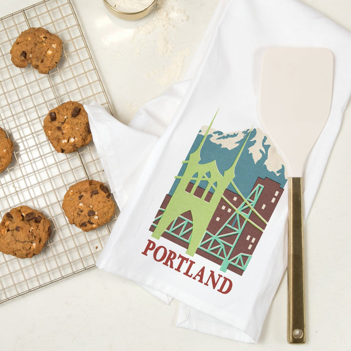 Portland, Oregon, Woodblock, Contour, Organic Cotton Kitchen Tea Towels Kitchen Lantern Press 