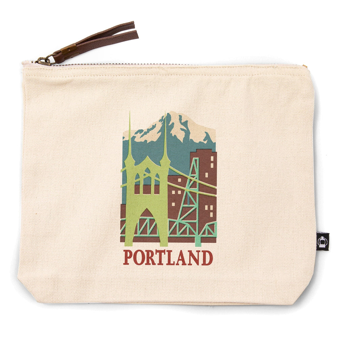 Portland, Oregon, Woodblock,, Organic Cotton Zipper Pouch, Go Bag Go Bag Lantern Press 
