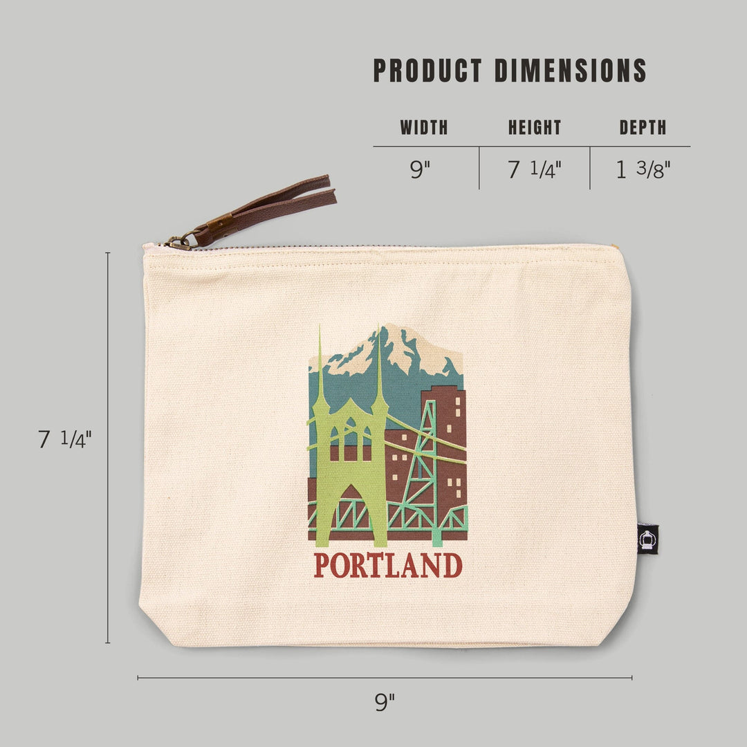 Portland, Oregon, Woodblock,, Organic Cotton Zipper Pouch, Go Bag Go Bag Lantern Press 