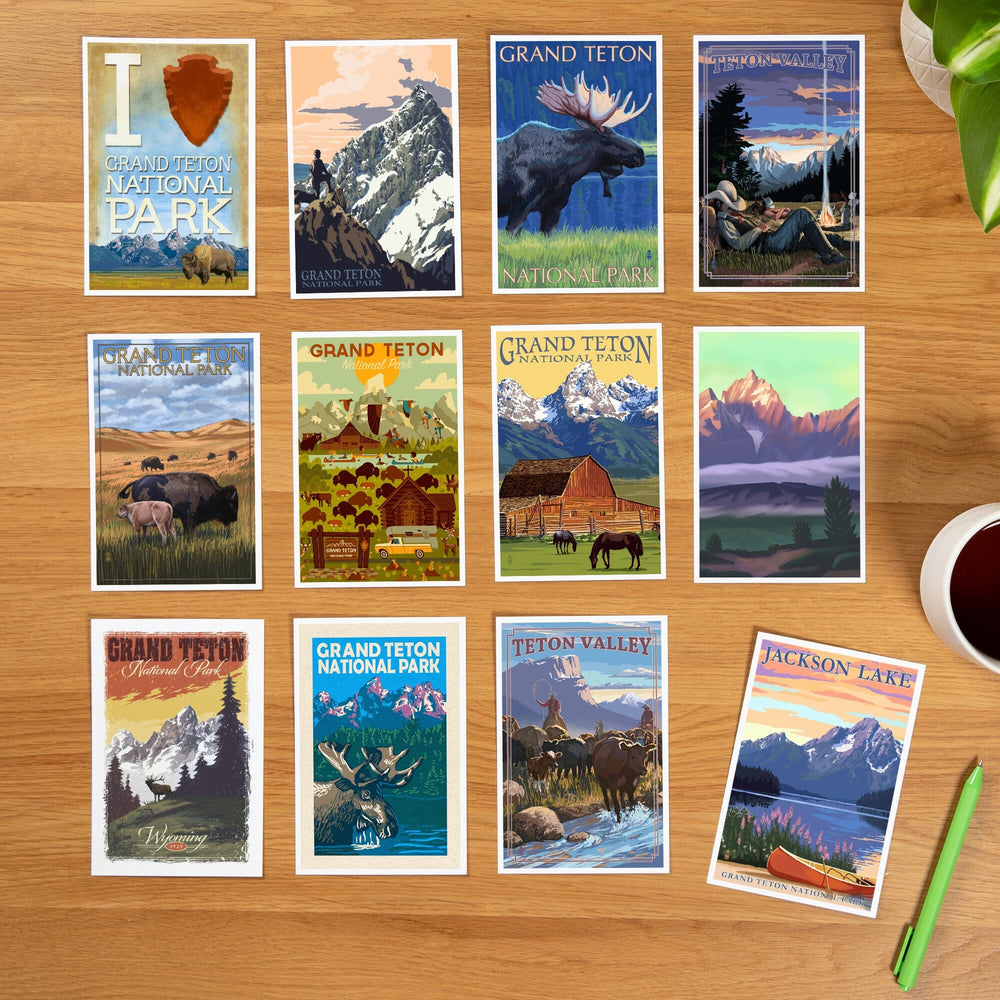 Postcards, Grand Teton National Park Set, Wyoming, 12 Different Original Hand Illustrated 4x6 Postcards by Lantern Press postcard packs Lantern Press 