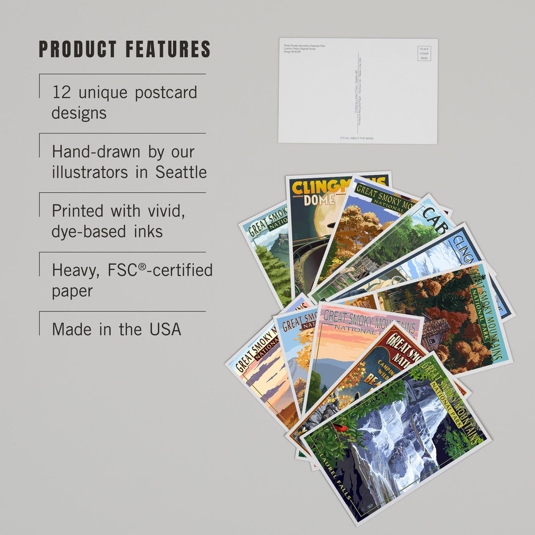 Postcards, Great Smoky Mountain National Park, Tennessee Set, 12 Different Original Hand Illustrated 4x6 Postcards by Lantern Press postcard packs Lantern Press 