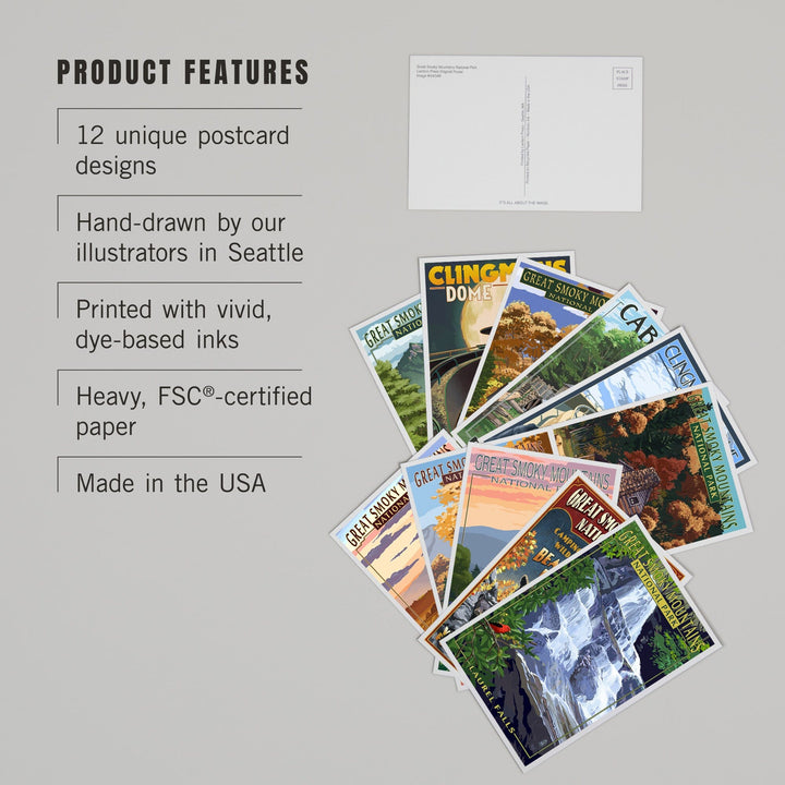 Postcards, Great Smoky Mountain National Park, Tennessee Set, 12 Different Original Hand Illustrated 4x6 Postcards by Lantern Press postcard packs Lantern Press 