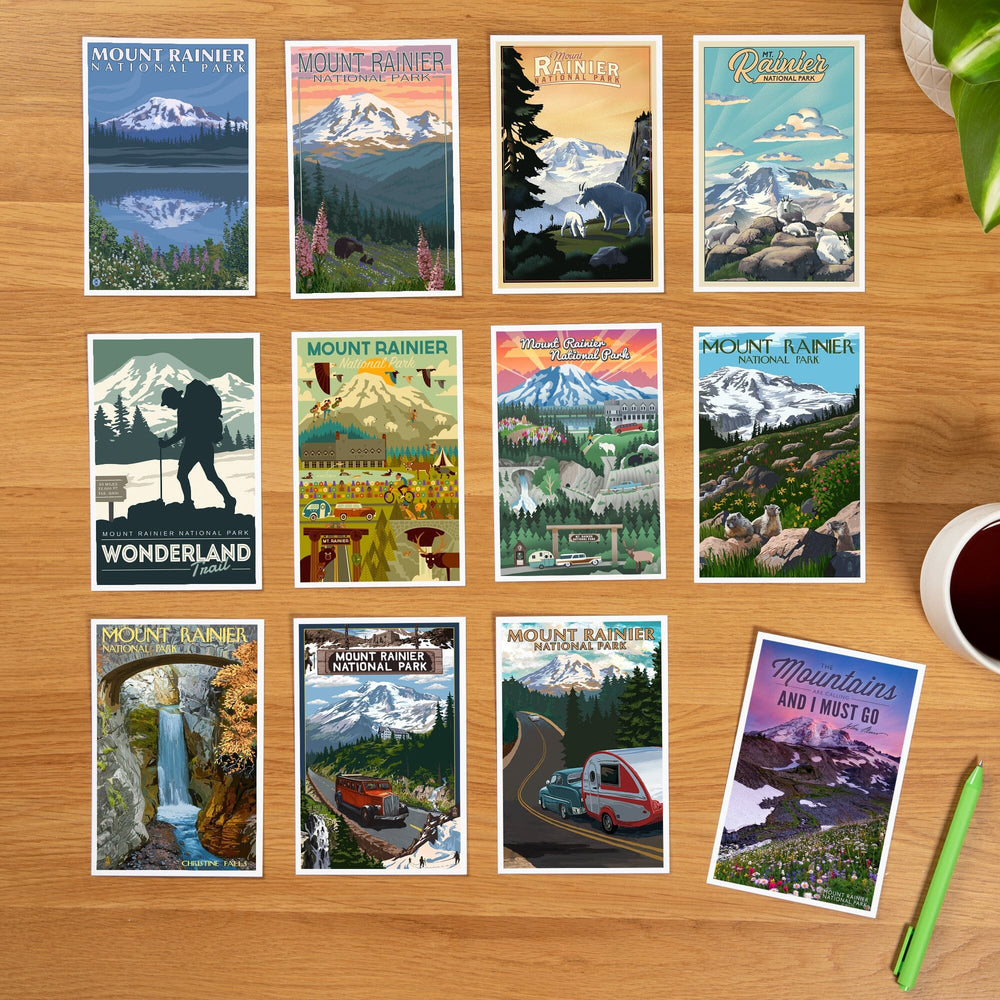Postcards, Mount Rainier National Park Set, Washington, 12 Different Original Hand Illustrated 4x6 Postcards by Lantern Press postcard packs Lantern Press 