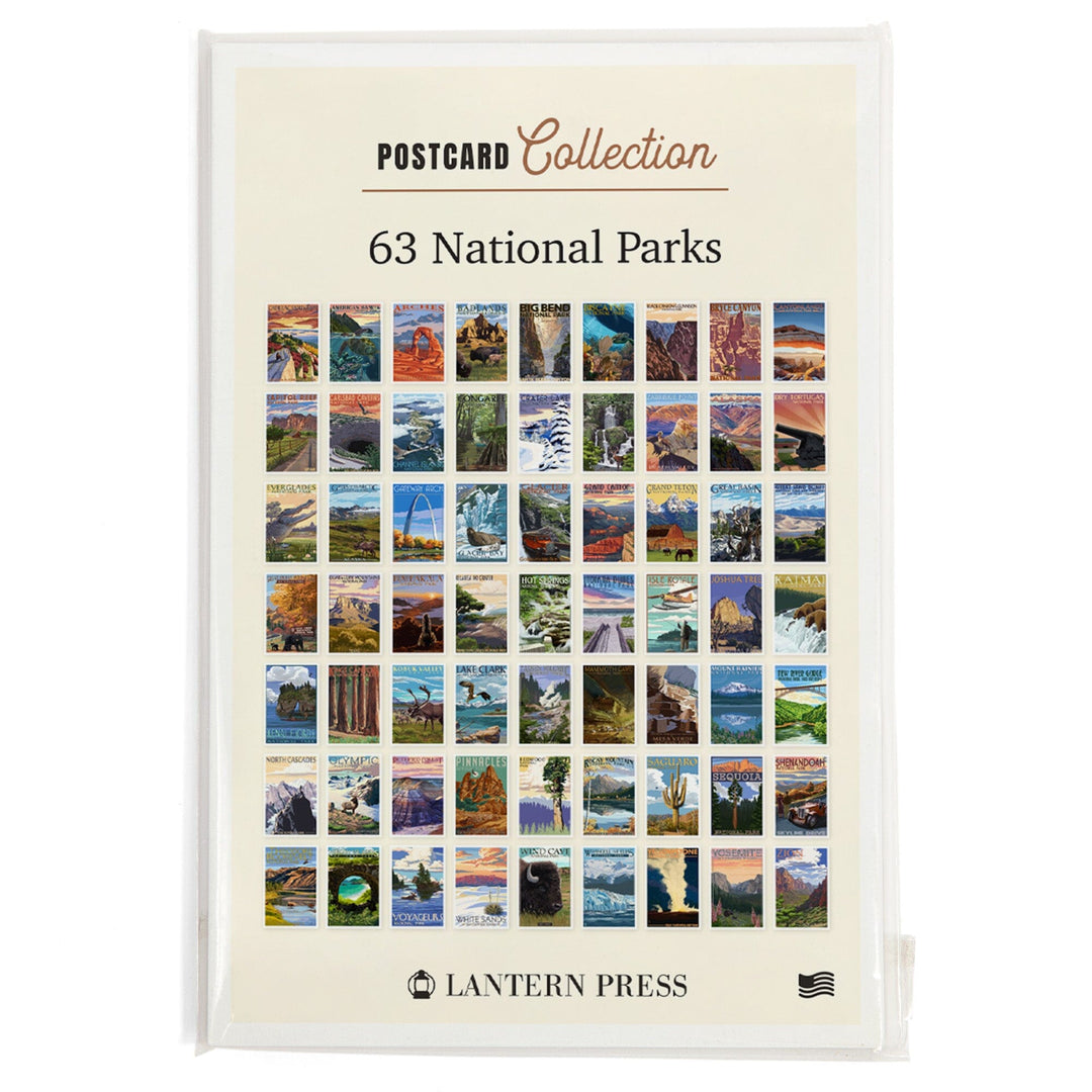 Postcards, National Park Set Bryce Canyon, Theodore Roosevelt, Kenai Fjords, 62 Different Original Illustrated 4x6 Postcards, Lantern Press postcard packs Lantern Press 