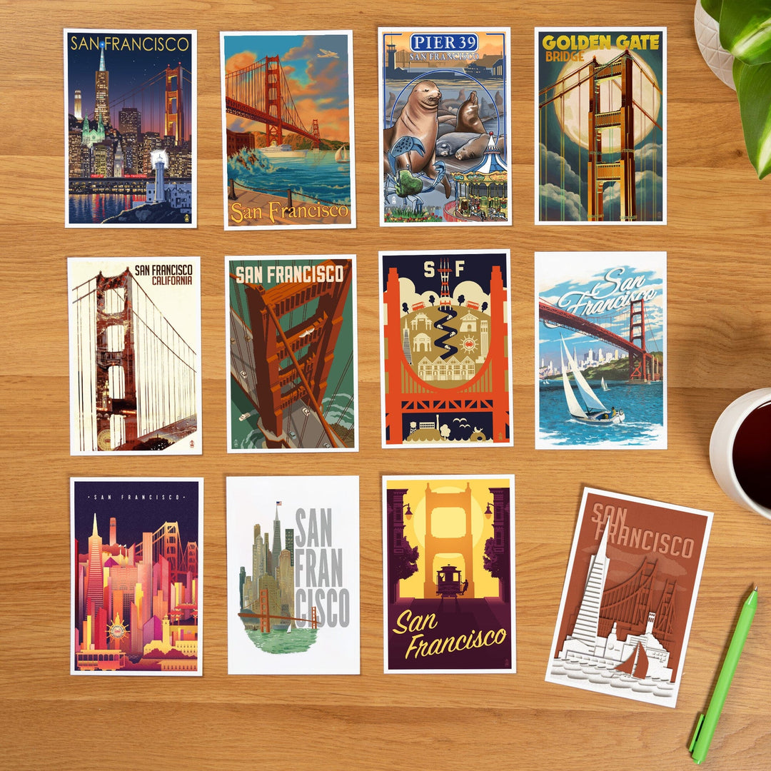 Postcards, San Francisco Greetings California Set, Golden Gate Bridge, 12 Different Original Hand Illustrated 4x6 Postcards, Lantern Press postcard packs Lantern Press 