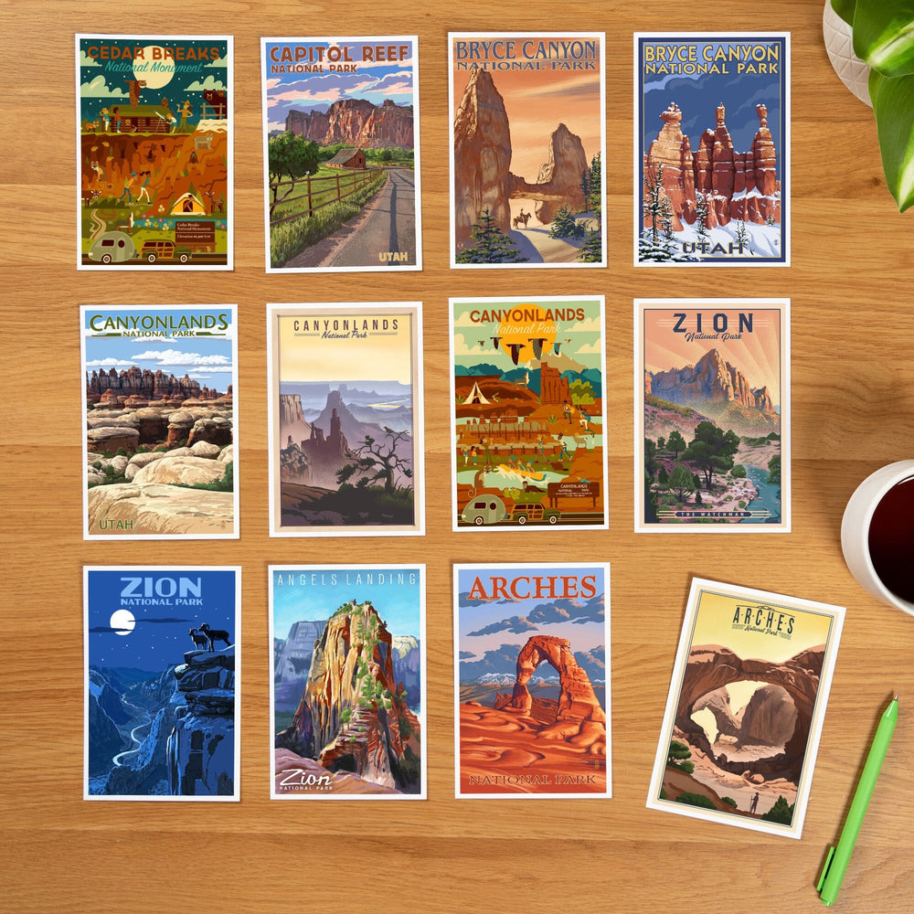 Postcards, Utah National Parks Set, Canyonlands, Capitol Reef, Zion, 12 Different Original Hand Illustrated 4x6 Postcards by Lantern Press postcard packs Lantern Press 