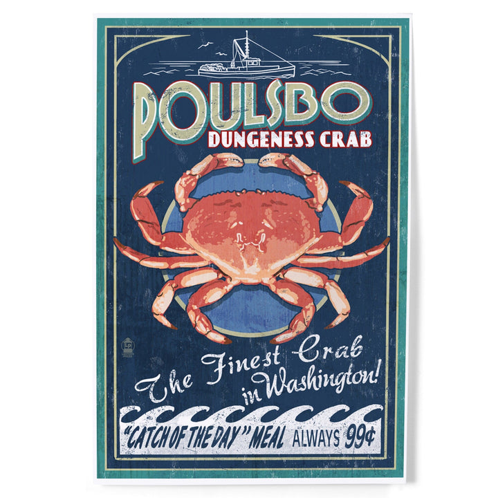 Poulsbo, Washington, Dungeness Crab Vintage Sign, Art & Giclee Prints Art Lantern Press 