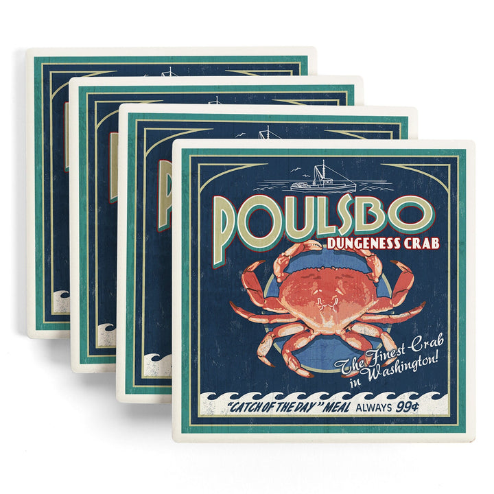 Poulsbo, Washington, Dungeness Crab Vintage Sign, Coasters Coasters Lantern Press 