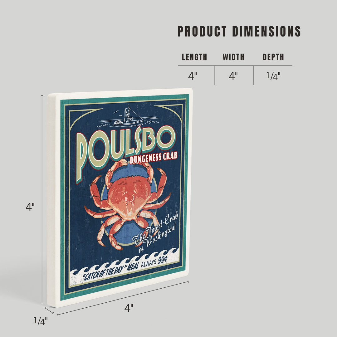 Poulsbo, Washington, Dungeness Crab Vintage Sign, Coasters Coasters Lantern Press 