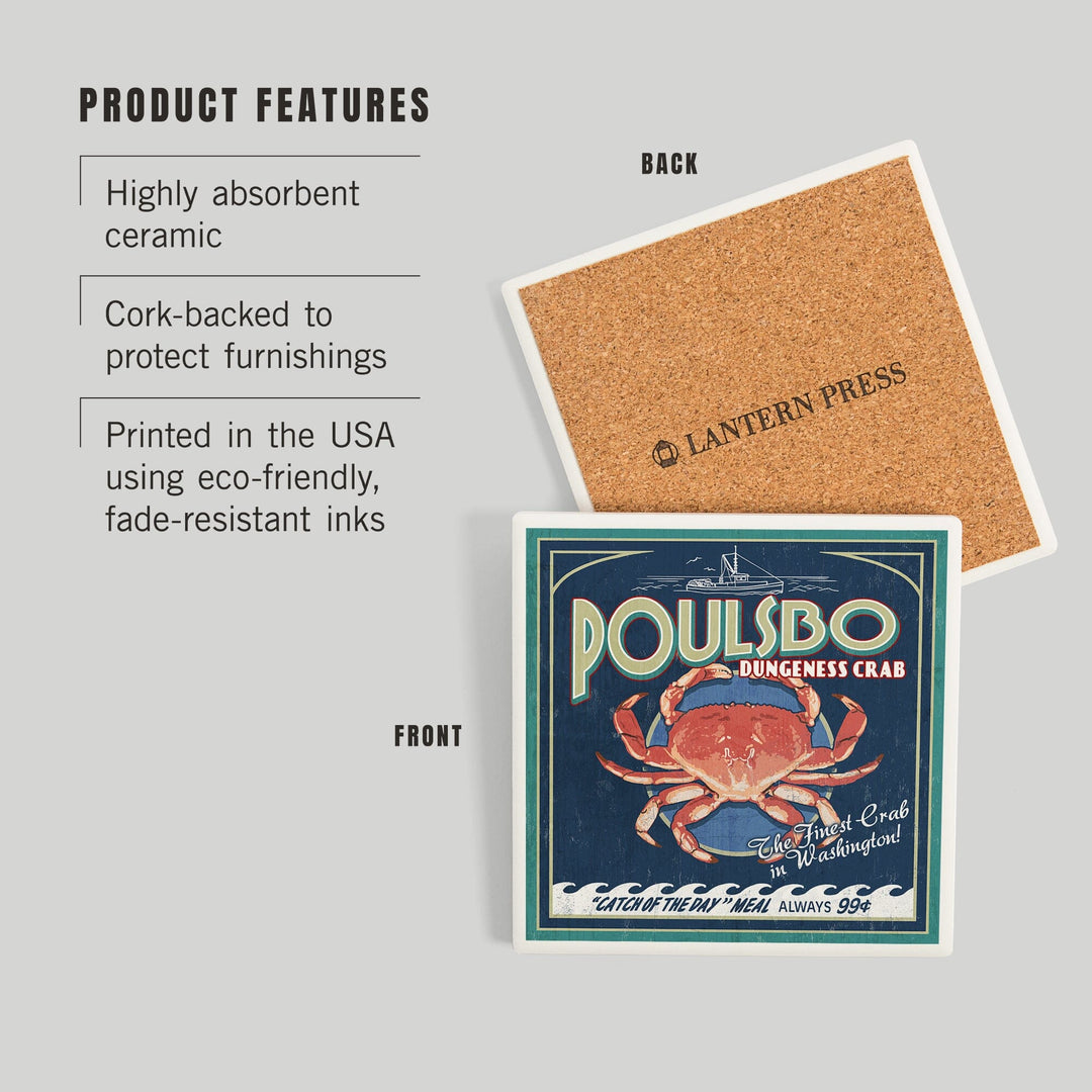Poulsbo, Washington, Dungeness Crab Vintage Sign, Coasters Coasters Lantern Press 