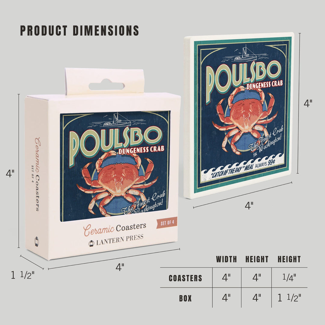 Poulsbo, Washington, Dungeness Crab Vintage Sign, Coasters Coasters Lantern Press 