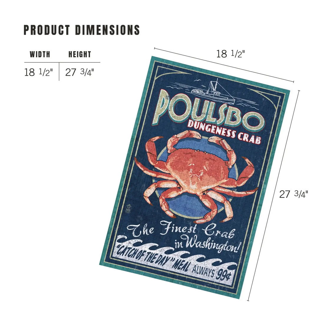 Poulsbo, Washington, Dungeness Crab Vintage Sign, Jigsaw Puzzle Puzzle Lantern Press 
