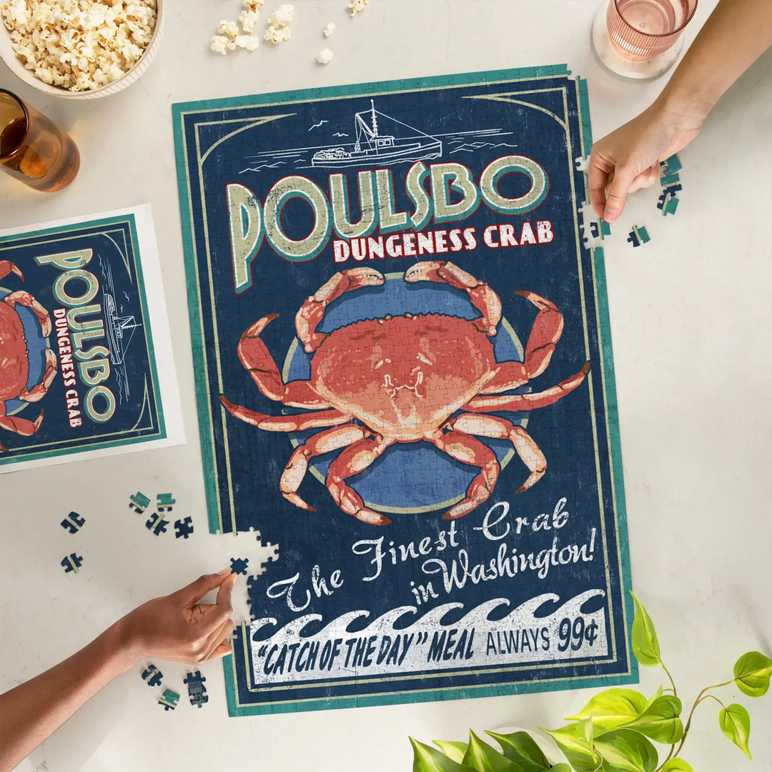 Poulsbo, Washington, Dungeness Crab Vintage Sign, Jigsaw Puzzle Puzzle Lantern Press 
