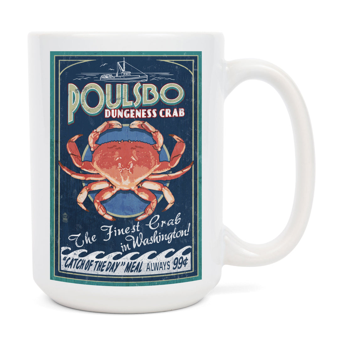 Poulsbo, Washington, Dungeness Crab Vintage Sign, Lantern Press Artwork, Ceramic Mug Mugs Lantern Press 