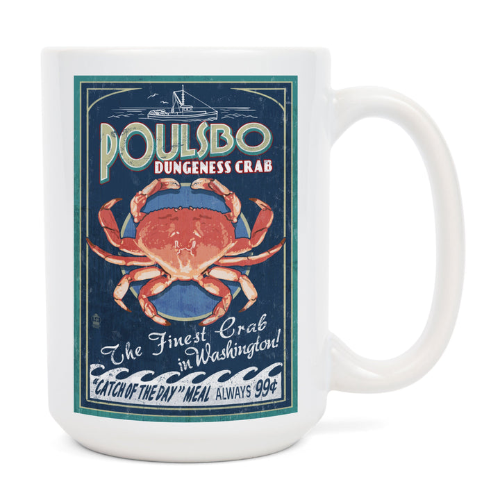 Poulsbo, Washington, Dungeness Crab Vintage Sign, Lantern Press Artwork, Ceramic Mug Mugs Lantern Press 