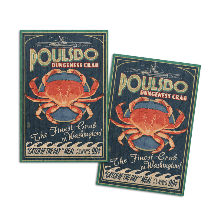 Poulsbo, Washington, Dungeness Crab Vintage Sign, Lantern Press Artwork, Wood Signs and Postcards Wood Lantern Press 4x6 Wood Postcard Set 