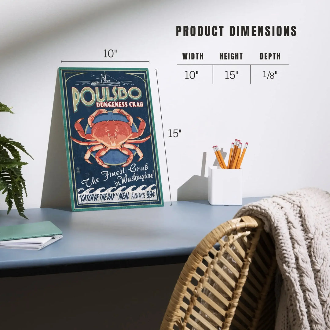 Poulsbo, Washington, Dungeness Crab Vintage Sign, Lantern Press Artwork, Wood Signs and Postcards Wood Lantern Press 
