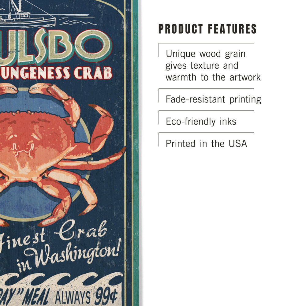 Poulsbo, Washington, Dungeness Crab Vintage Sign, Lantern Press Artwork, Wood Signs and Postcards Wood Lantern Press 