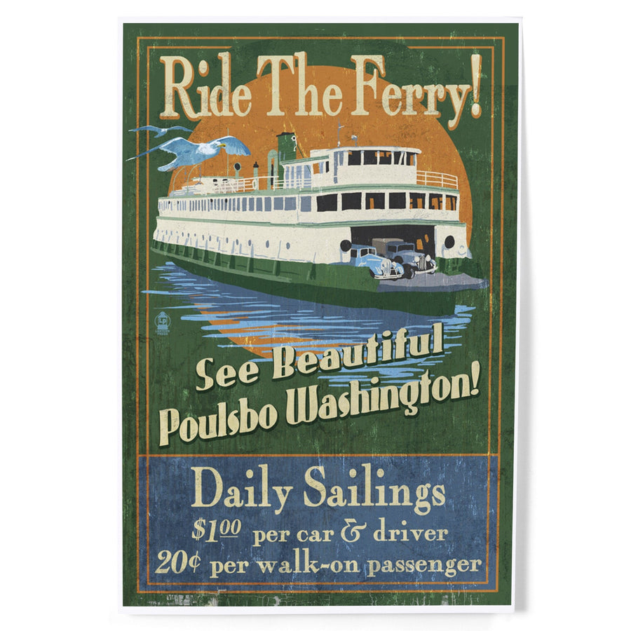 Poulsbo, Washington, Ferry Ride Vintage Sign, Art & Giclee Prints Art Lantern Press 