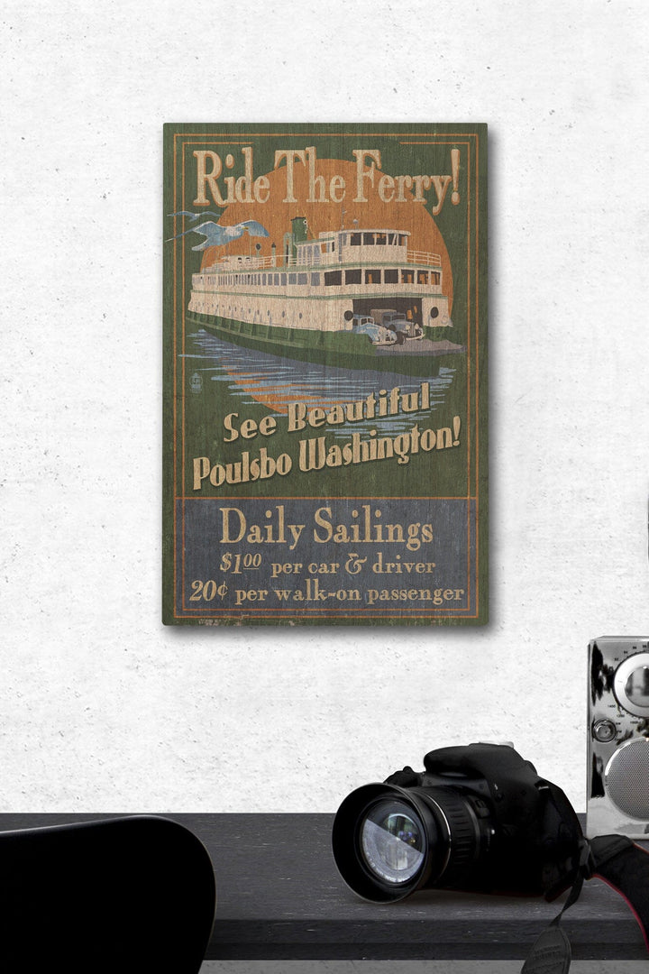 Poulsbo, Washington, Ferry Ride Vintage Sign, Lantern Press Poster, Wood Signs and Postcards Wood Lantern Press 12 x 18 Wood Gallery Print 