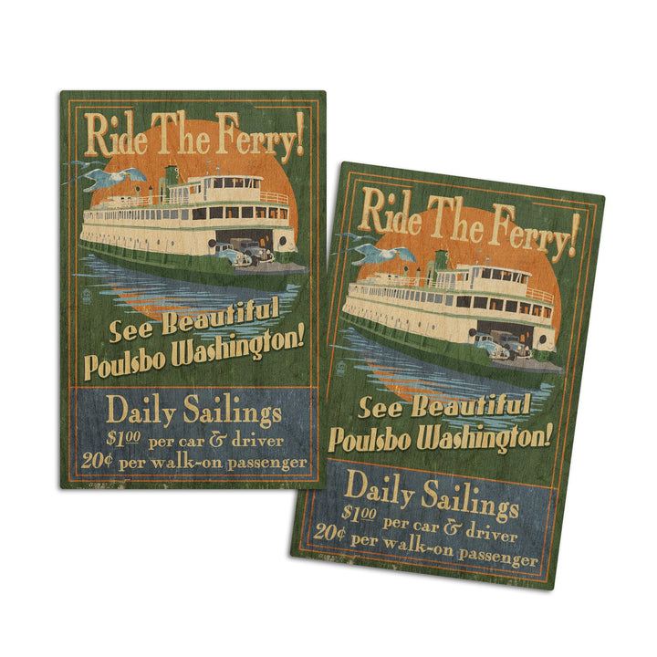 Poulsbo, Washington, Ferry Ride Vintage Sign, Lantern Press Poster, Wood Signs and Postcards Wood Lantern Press 4x6 Wood Postcard Set 