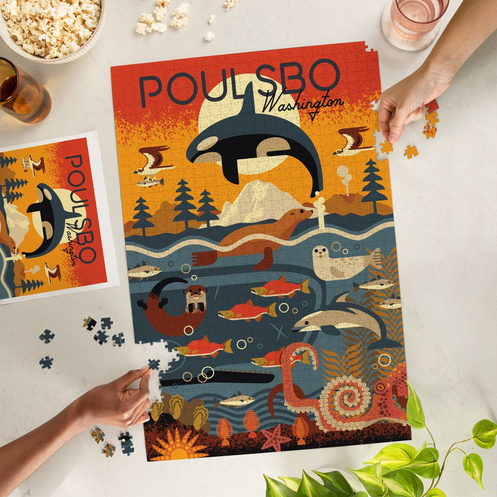 Poulsbo, Washington, Marine Animals, Geometric, Jigsaw Puzzle Puzzle Lantern Press 