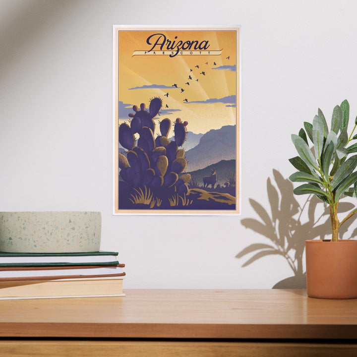 Prescott, Arizona, Lithograph, Cactus and Desert Scene, Art & Giclee Prints Art Lantern Press 