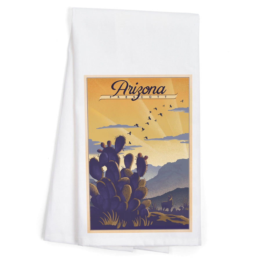 Prescott, Arizona, Lithograph, Cactus and Desert Scene, Organic Cotton Kitchen Tea Towels Kitchen Lantern Press 