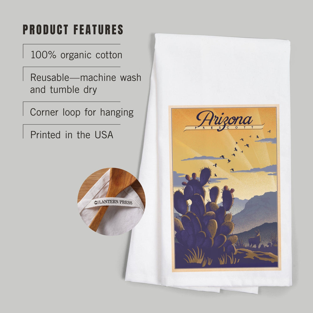 Prescott, Arizona, Lithograph, Cactus and Desert Scene, Organic Cotton Kitchen Tea Towels Kitchen Lantern Press 