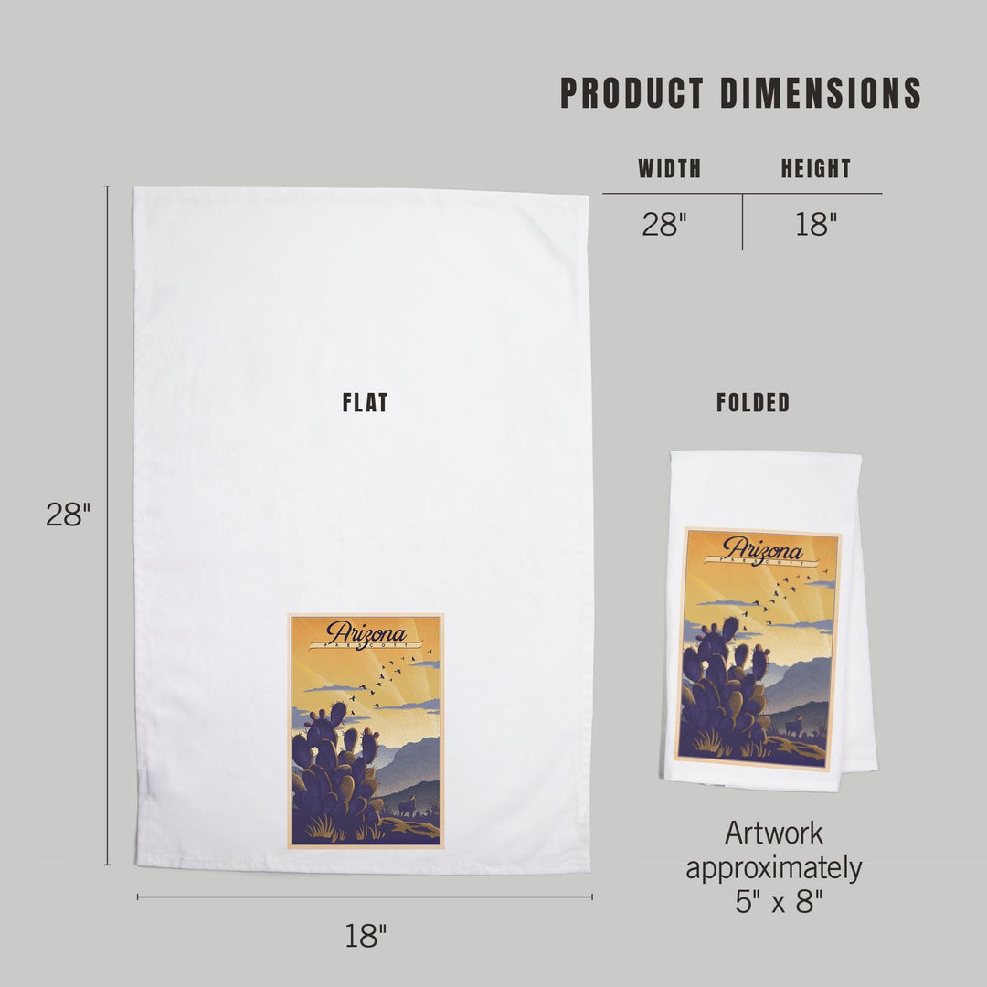 Prescott, Arizona, Lithograph, Cactus and Desert Scene, Organic Cotton Kitchen Tea Towels Kitchen Lantern Press 