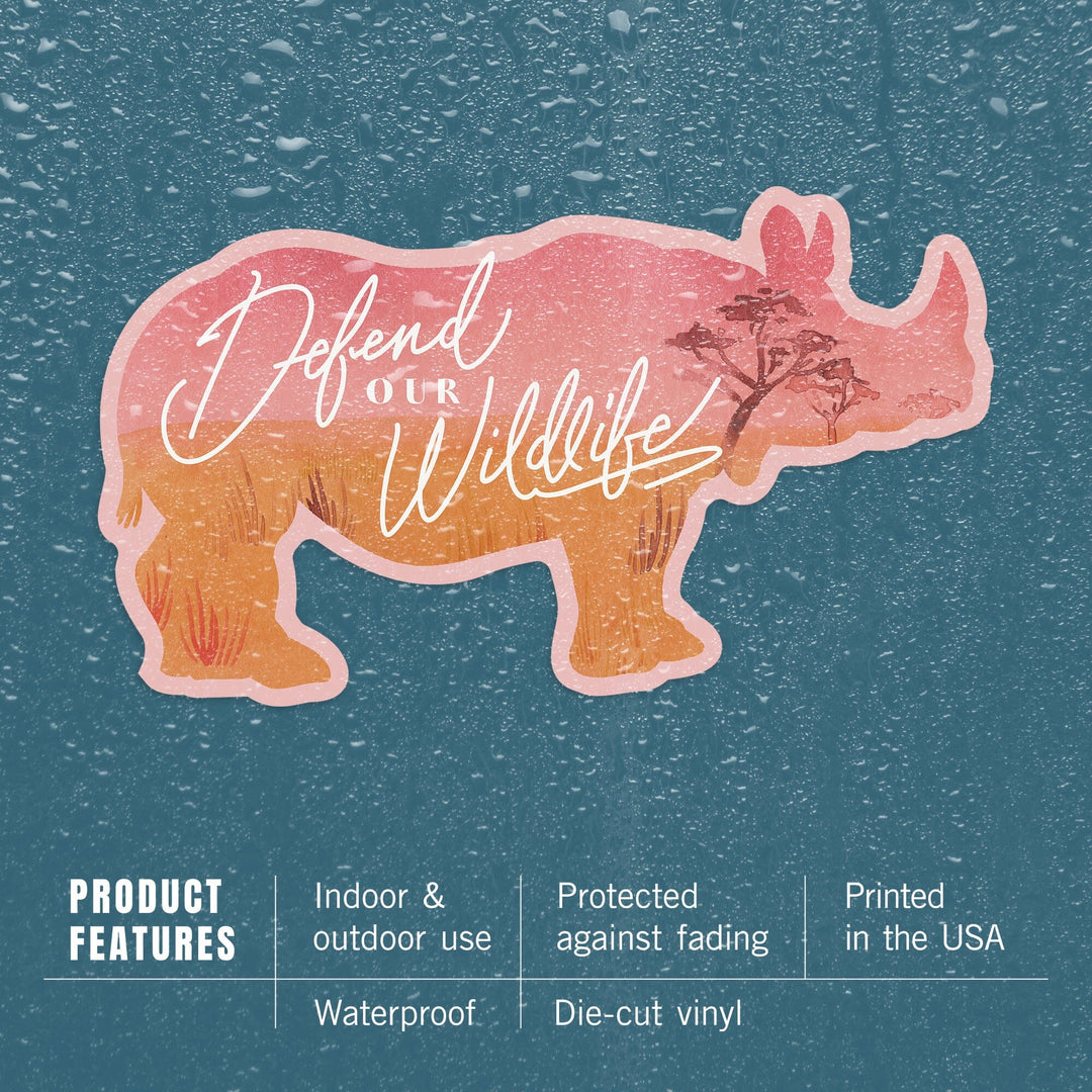 Preserve Our Planet Collection, Rhinoceros, Defend Our Wildlife, Contour, Vinyl Sticker Sticker Lantern Press 