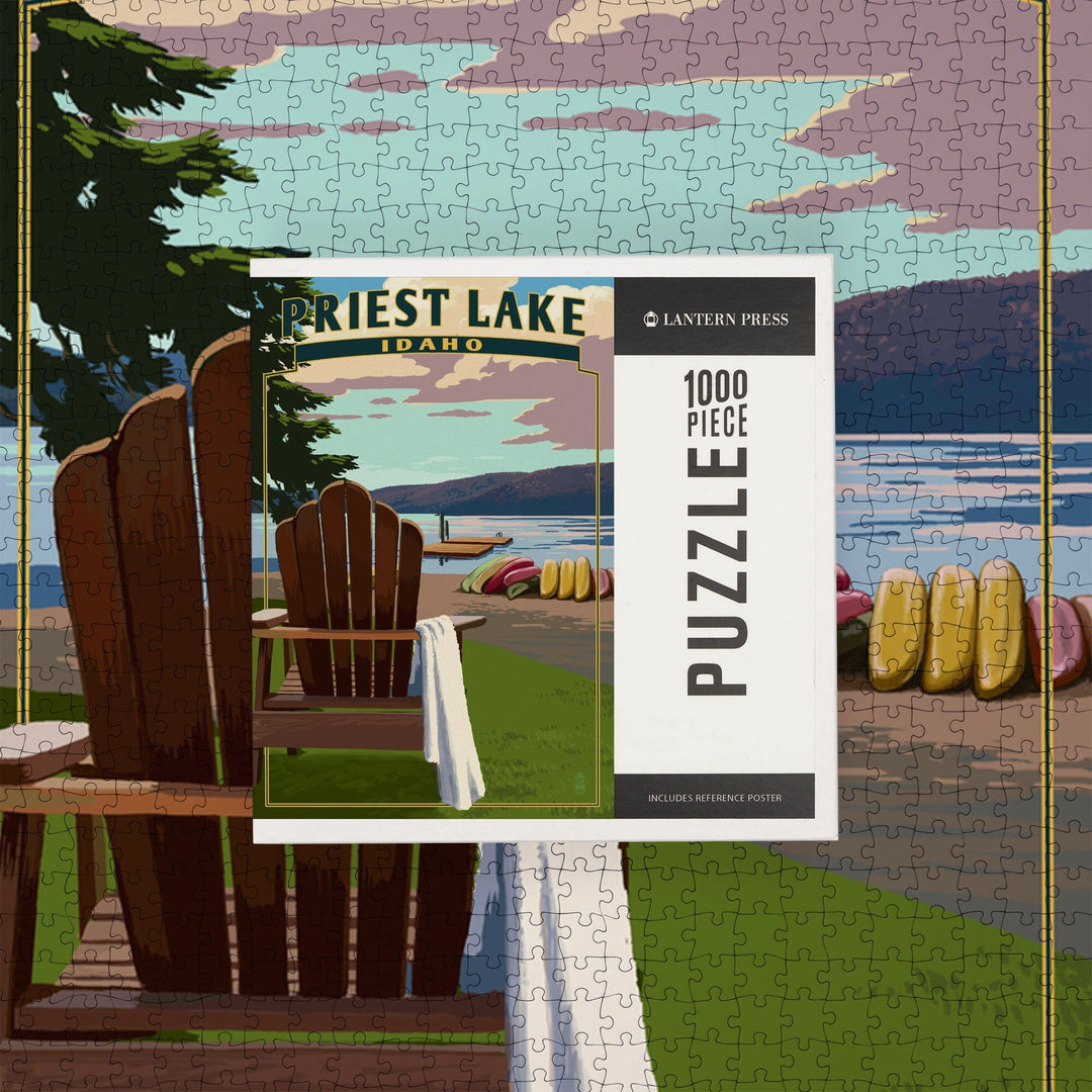 Priest Lake, Idaho, Chairs and Lake, Jigsaw Puzzle Puzzle Lantern Press 