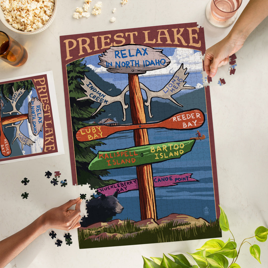 Priest Lake, Idaho, Destinations Sign, Jigsaw Puzzle Puzzle Lantern Press 