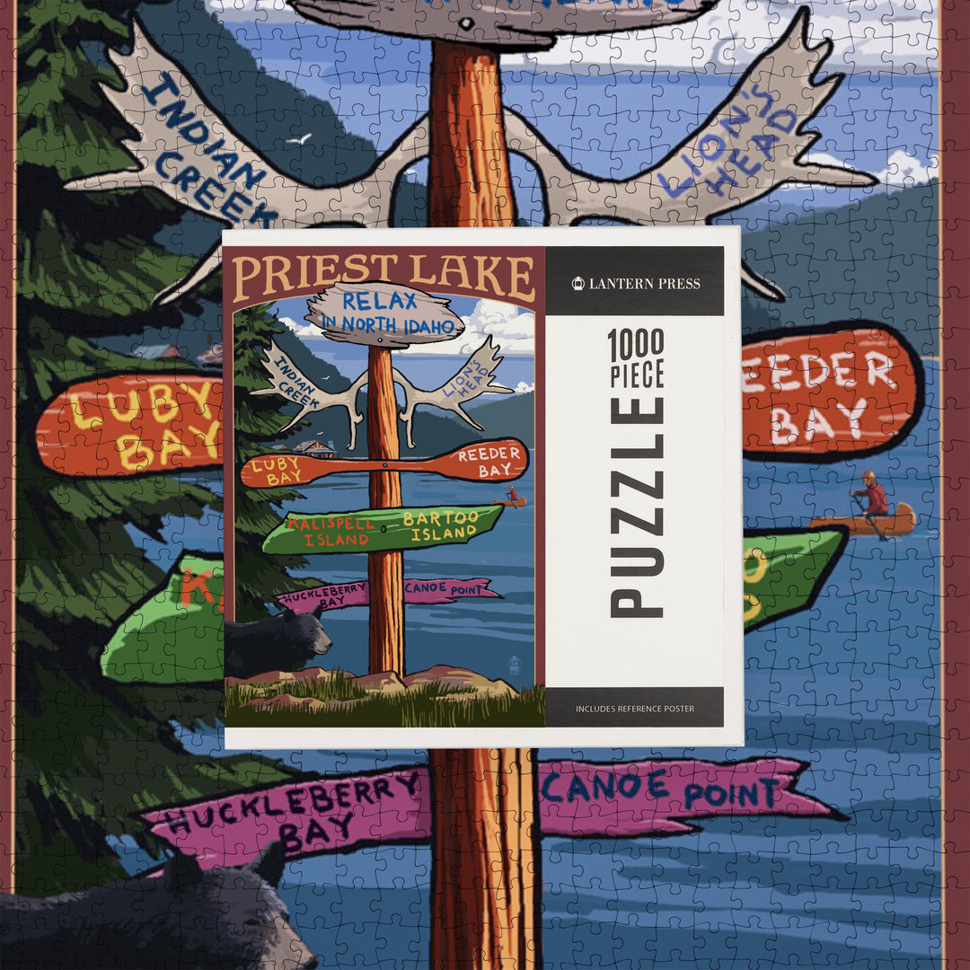 Priest Lake, Idaho, Destinations Sign, Jigsaw Puzzle Puzzle Lantern Press 