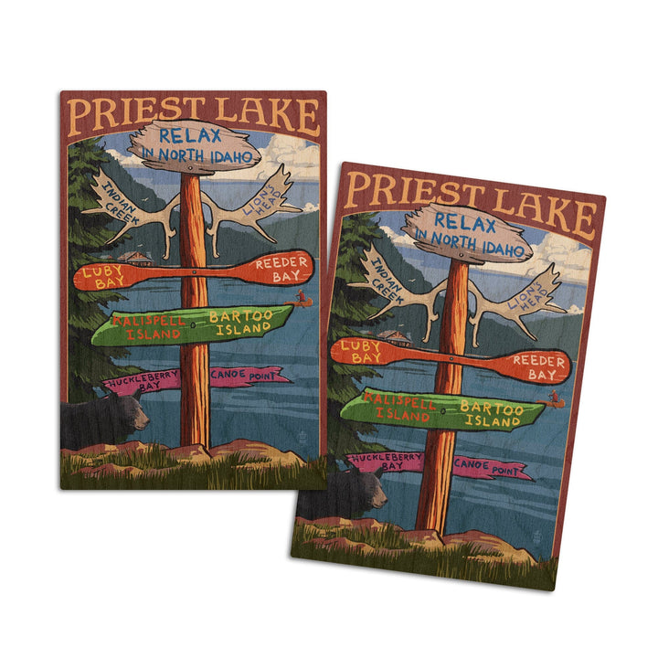 Priest Lake, Idaho, Destinations Sign, Lantern Press Artwork, Wood Signs and Postcards Wood Lantern Press 4x6 Wood Postcard Set 