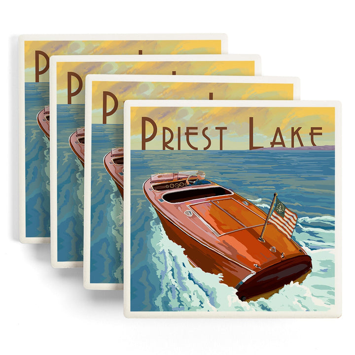 Priest Lake, Idaho, Wooden Boat, Lantern Press Artwork, Coaster Set Coasters Lantern Press 