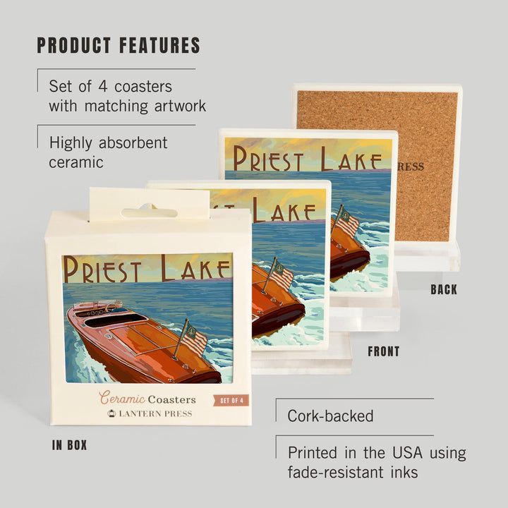 Priest Lake, Idaho, Wooden Boat, Lantern Press Artwork, Coaster Set Coasters Lantern Press 