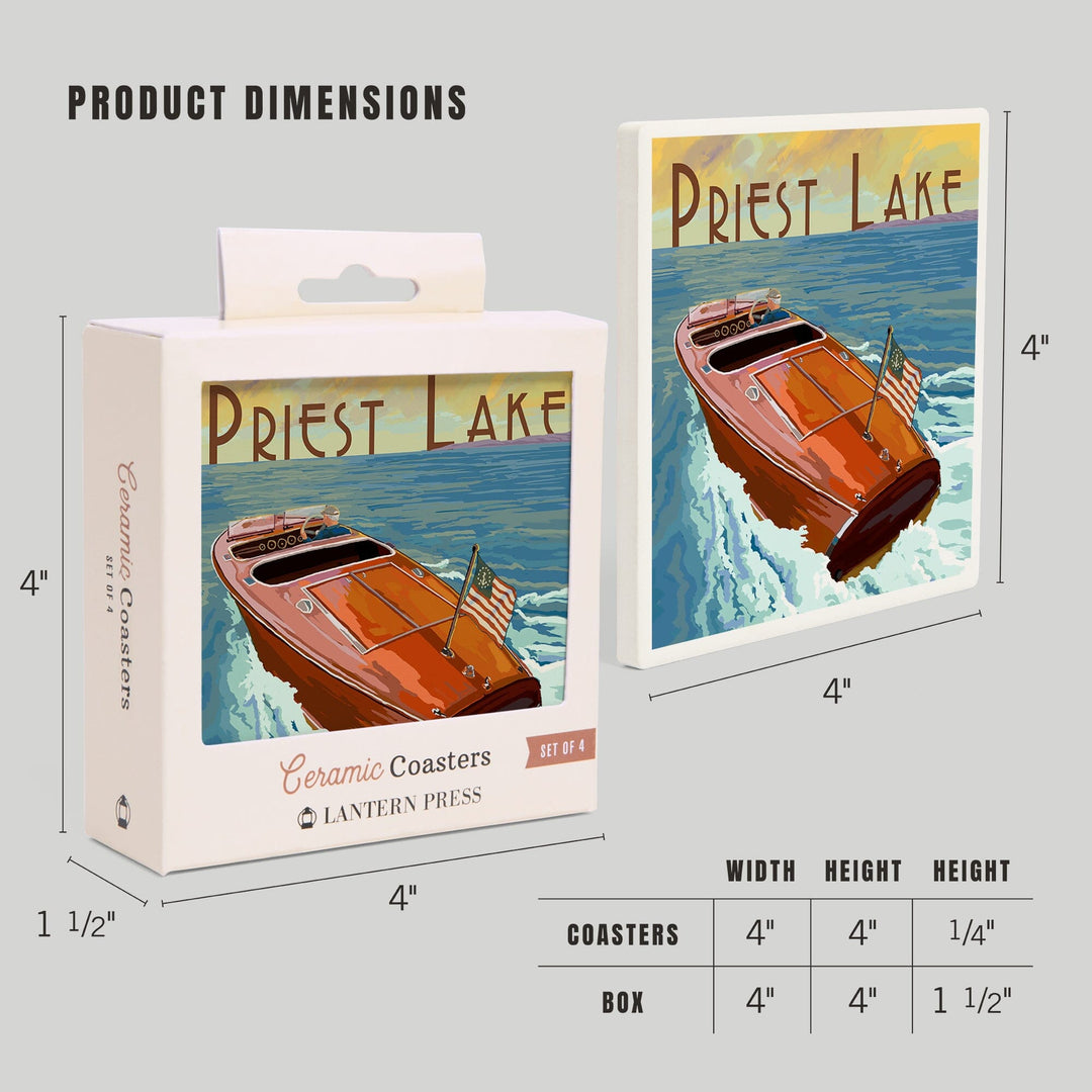 Priest Lake, Idaho, Wooden Boat, Lantern Press Artwork, Coaster Set Coasters Lantern Press 