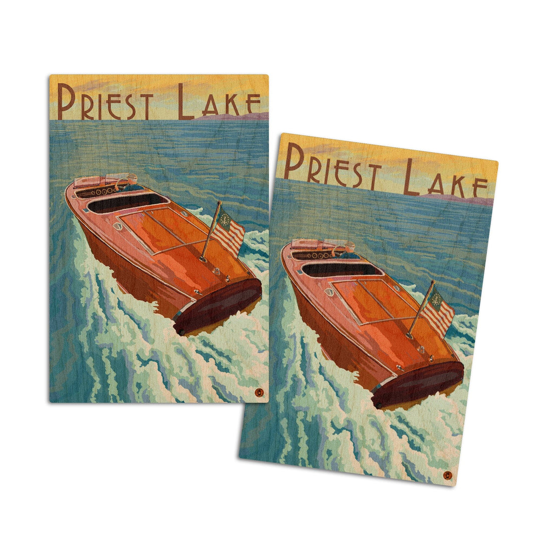 Priest Lake, Idaho, Wooden Boat, Lantern Press Artwork, Wood Signs and Postcards Wood Lantern Press 4x6 Wood Postcard Set 