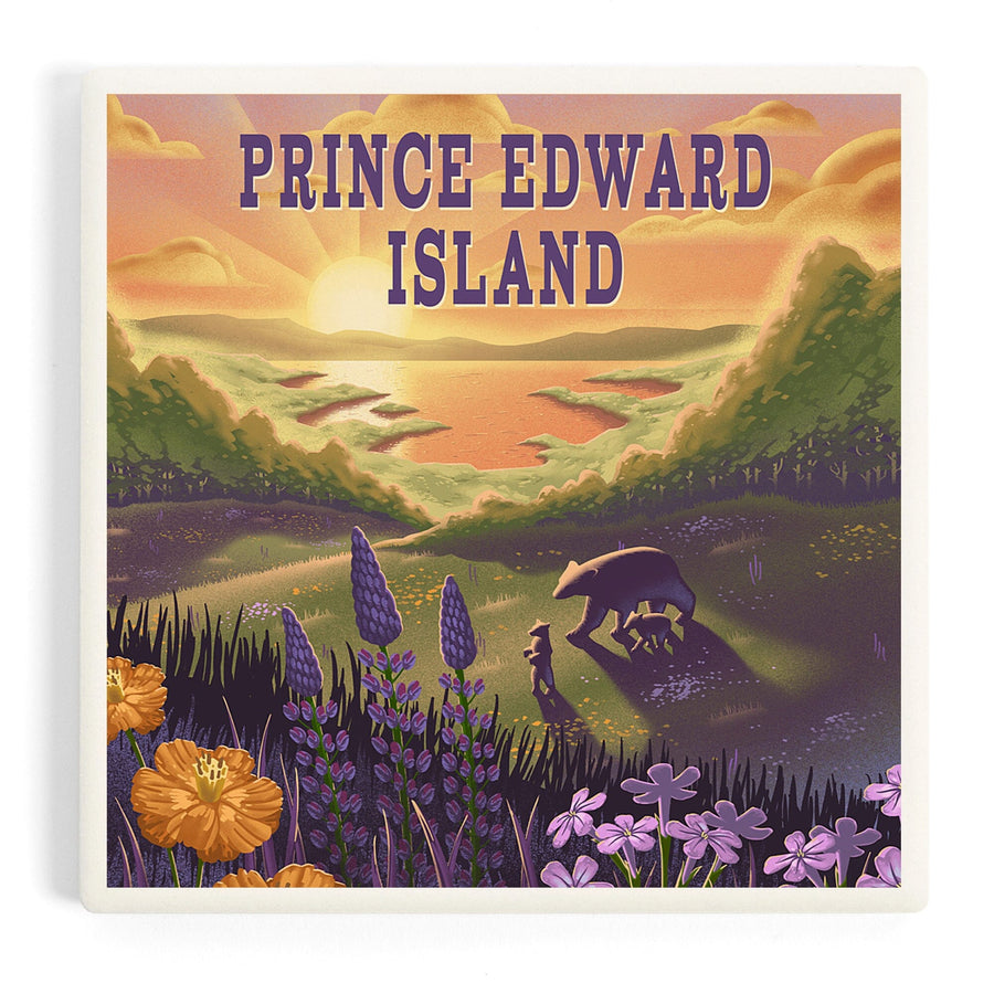 Prince Edward Island, Lithograph, Bear and Spring Flowers, Lake, Coasters Coasters Lantern Press 