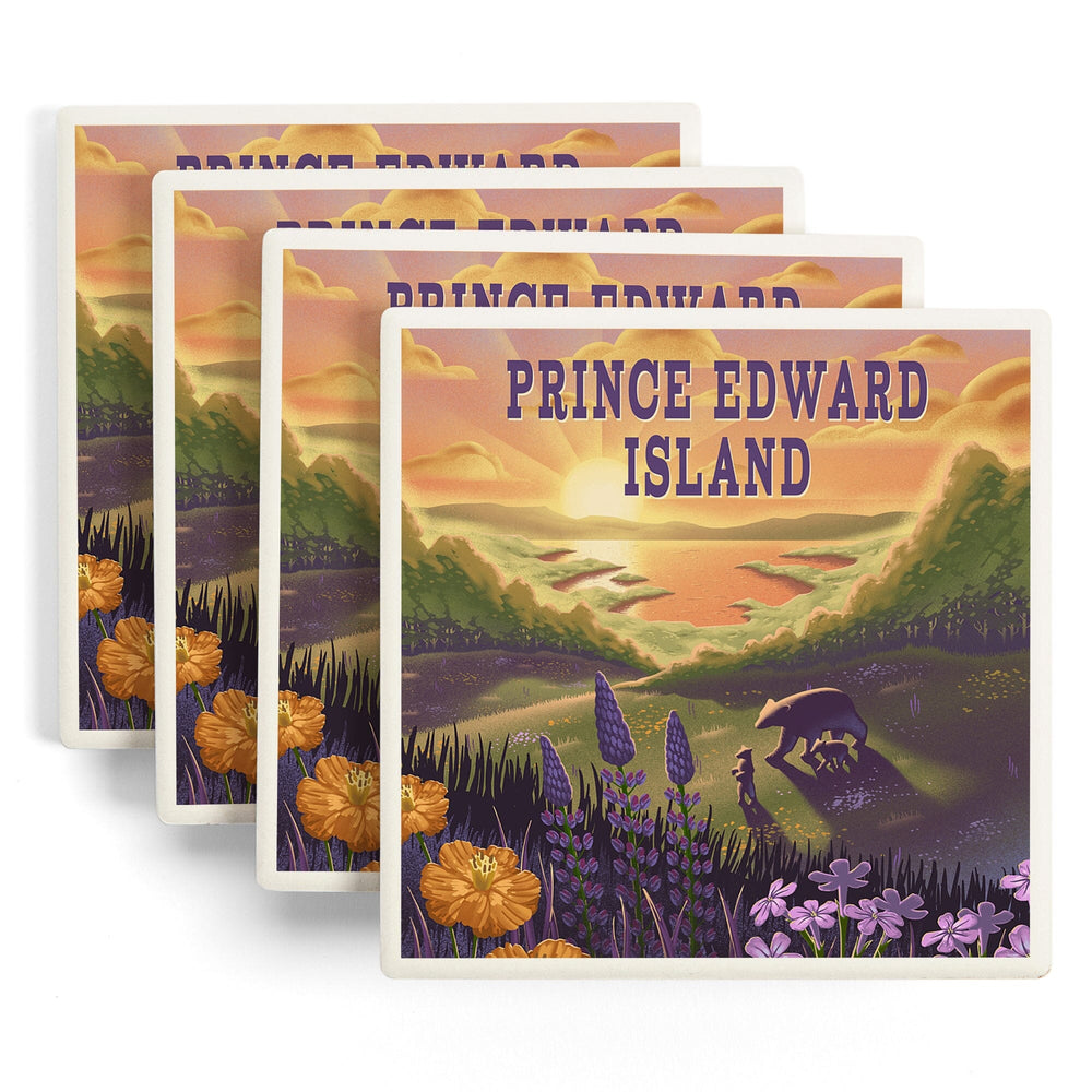 Prince Edward Island, Lithograph, Bear and Spring Flowers, Lake, Coasters Coasters Lantern Press 