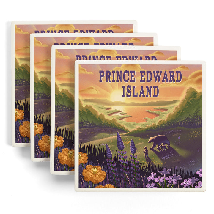 Prince Edward Island, Lithograph, Bear and Spring Flowers, Lake, Coasters Coasters Lantern Press 